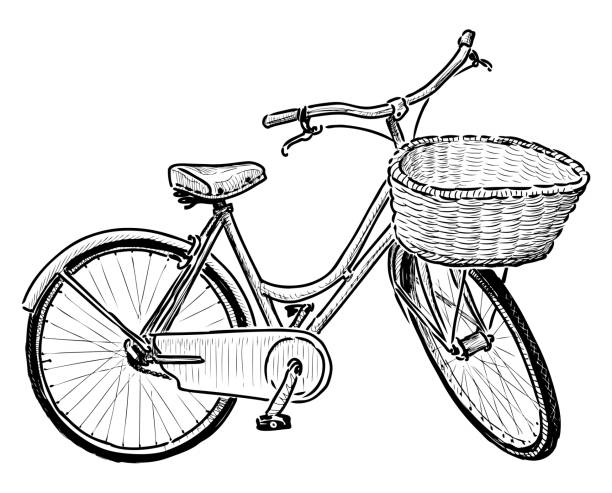 skizze des städtischen frauenfahrrads mit korb - fahrradkorb stock-grafiken, -clipart, -cartoons und -symbole