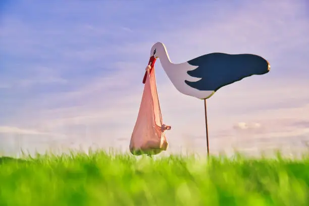A stork standing up, carrying a "plastic-baby" in a bag, symbolizes a newborn child has arrived.