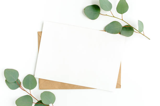 istock Mockup invitation, blank greeting card and green leaves eucalyptus. Flat lay, top view 1297271497
