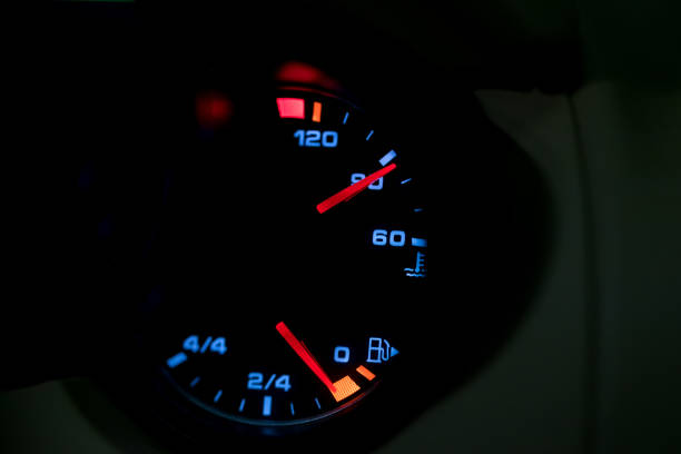 istock Empty fuel warning light in car dashboard. Fuel pump icon. gasoline gauge dash board in car with digital warning sign of run out of fuel turn on. Low level of fuel show on speedometer dashboard. 1297271660