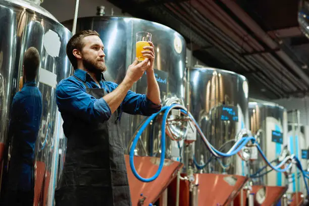 Photo of Brewery master with glass of beer in hand evaluating its visual characteristics