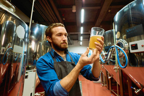 istock Young serious brewer with glass of beer evaluating its visual characteristics 1297273186