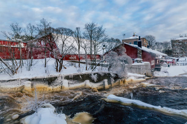 istock winter landscape with snowy trees, beautiful frozen river in finland 1297273518