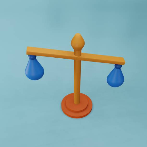 istock 3D illustration of justice libra. 3D scales of justice isolated on a blue background. Concept image of a balance shown with sack isolated on a blue background. 1297273591