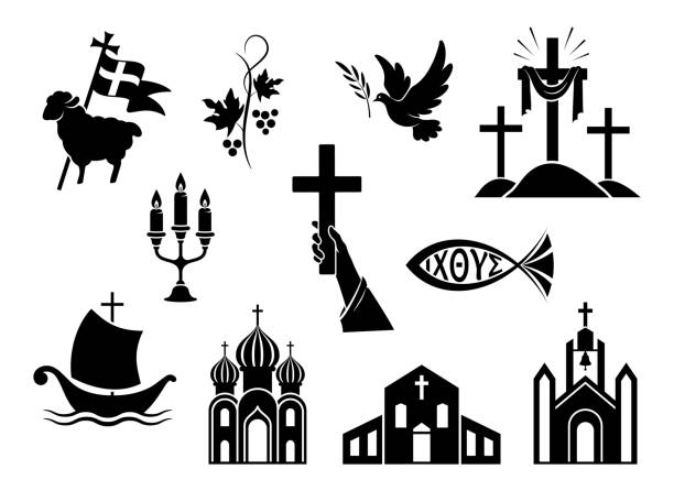 Religious christian signs and symbols. Set of icons Religious christian signs and symbols. Set of icons. Church, hands holding  cross, dove with branch, fish and ship. Cross with shroud. Lamb is symbol of Christ's sacrifice. Isolated silhouette. Vector easter silhouettes stock illustrations