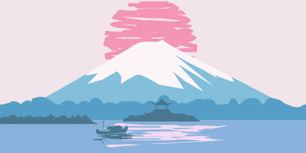 Fuji Mountain sunrise landscape Japan panorama. Lake sun boat Asian temple vector illustration poster banner isolated Fuji Mountain sunrise landscape Japan panorama. Lake sun boat Asian temple japanese landscape stock illustrations
