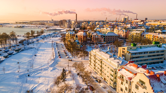 Day time Aerial View of Helsinki City with sun in winter time, Finland