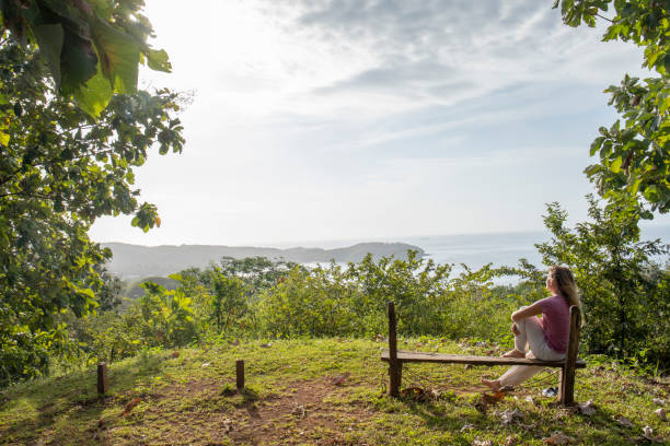 istock Young woman relaxes at coastal viewpoint in the morning 1297278600