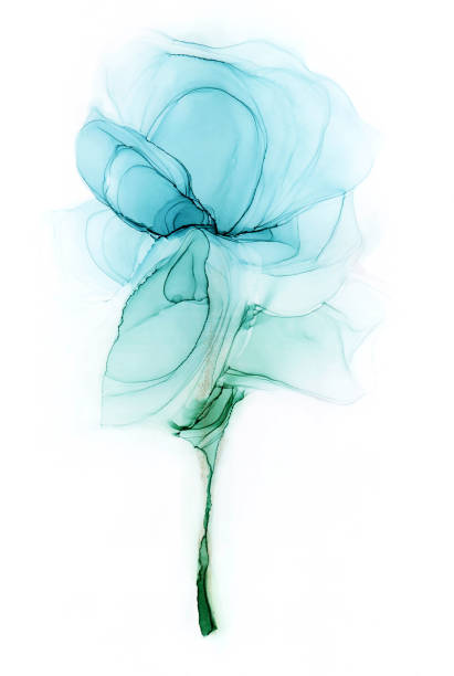 Alcohol ink elegant light blue flower on white background