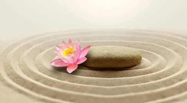 Photo of Zen garden meditation stone background and flower with stone and lines in sand for relaxation balance and harmony.