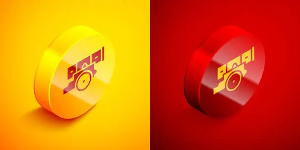 Vector illustration of Isometric Cannon icon isolated on orange and red background. Circle button. Vector