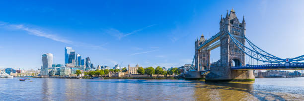 London Tower Bridge over Thames to City skyscrapers panorama UK The iconic battlements of Tower Bridge spanning the River Thames at Southwark overlooked by the futuristic skyscrapers of the City of London Financial District, UK. bankside photos stock pictures, royalty-free photos & images