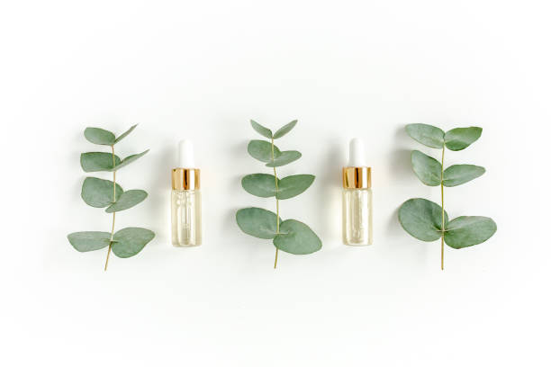 Eucalyptus essential oil, eucalyptus leaves on white background. Natural, Organic cosmetics products. Medicinal, Natural Serums. Flat lay, top view