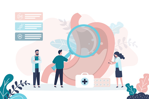 Doctor holds magnifying glass and examines stomach. Group of gastroenterologists analysis huge stomach. Medical workers treats digestive system. Gastroenterology, medicine banner. Vector illustration