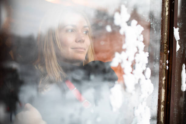 istock A pretty woman looking through a snowy window while hugging her dog 1297282547