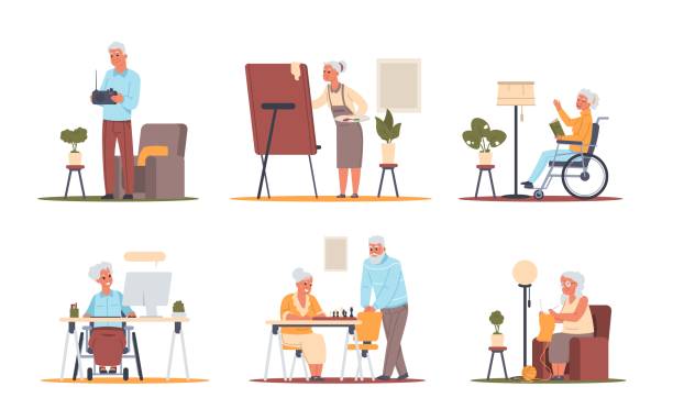 Senior people at home. Pensioners hobby. Elderly cartoon characters playing card games, watching movies and talking, drawing picture, listening radio. Vector old persons scenes set Senior people at home. Pensioners hobby. Elderly cartoon characters playing card games, watching movies and talking, drawing picture, listening radio, playing chess. Vector old persons scenes set computer chess stock illustrations