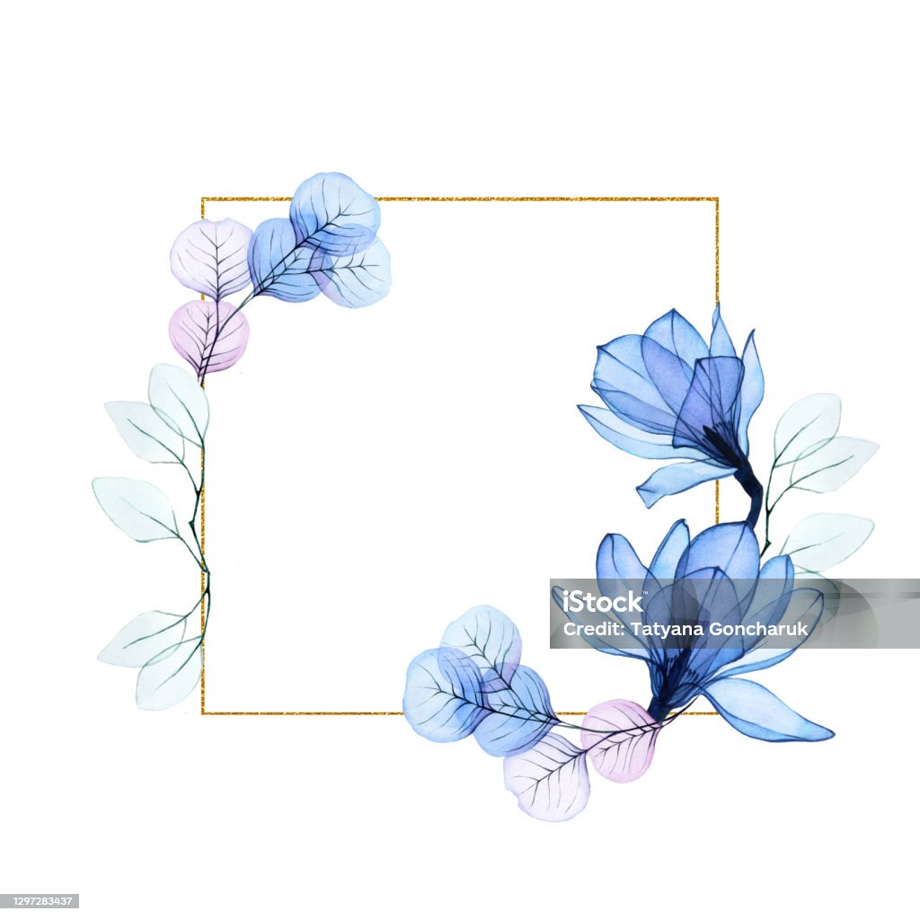 Ilustración de Marco De Oro Cuadrado Con Flores De Magnolia Transparentes Y Hojas De Eucalipto Marco Vintage Con Flores Azules Para Tarjetas De Felicitación De Diseño Bodas Invitaciones Cosméticos Y Logotipo De Ilustración de Marco De Oro Cuadrado Con Flores De Magnolia Transparentes Y Hojas De Eucalipto Marco Vintage Con Flores Azules Para Tarjetas De Felicitación De Diseño Bodas Invitaciones Cosméticos Y Logotipo De