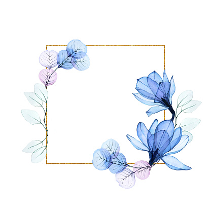 Square Gold Frame With Transparent Magnolia Flowers And Eucalyptus Leaves  Vintage Frame With Blue Flowers For Design Greeting Cards Weddings  Invitations Cosmetics And Perfumery Logo Stock Illustration - Download  Image Now - iStock