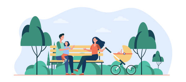 Family enjoying leisure time in park Family enjoying leisure time in park. Parents, kid sitting on bench at stroller. Flat vector illustration. Walking outdoors, weekend together concept for banner, website design or landing web page park bench vector stock illustrations
