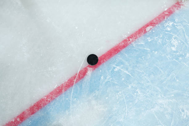 Puck lying on red line dividing play space and zone of net on large ice rink Puck lying on red line dividing play space and zone of net on ice rink for playing hockey that can be used as background skate rink stock pictures, royalty-free photos & images
