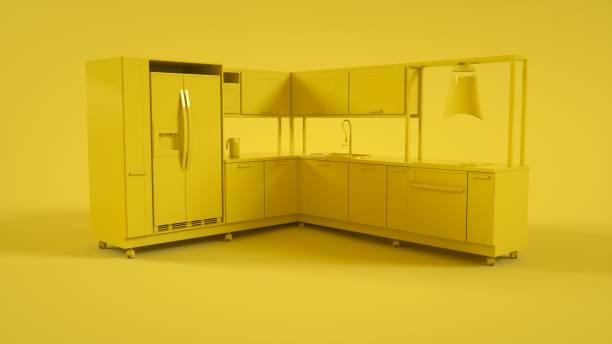 cocina 3d interior aislado sobre fondo amarillo. renderizado en 3d - monocromo fotografías e imágenes de stock