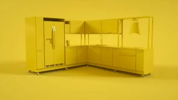 Photo of Kitchen 3D Interior isolated on yellow background. 3d rendering