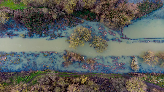 Drone photo of the River Gipping  after heavy rainfall in Suffolk, UK