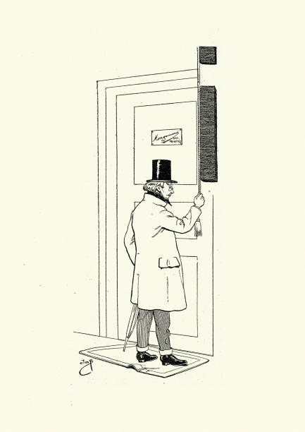mężczyzna dzwoni do drzwi, wiktoriański xix wiek - old fashioned bell doorbell drawing stock illustrations