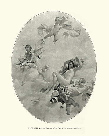 Vintage illustration of Venus surrounded by cupids, T. Chartran, 19th Century. Plafond pour l'hotel de Mademoiselle Laus Chartran