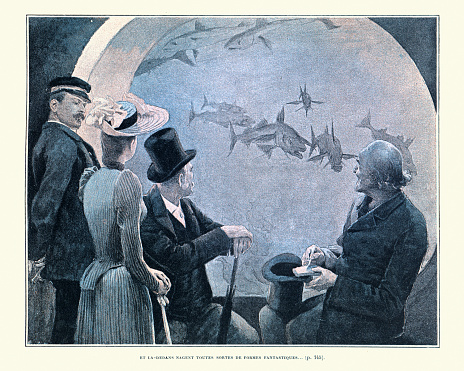 Vintage illustration of scene from Le Desire.  La premiere traversee d'un bateau poisson, par Emile Gautier. Victorian 19th Century