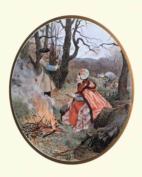 Vintage illustration of Stranded by the roadside because of broken carriage wheel, 18th Century style