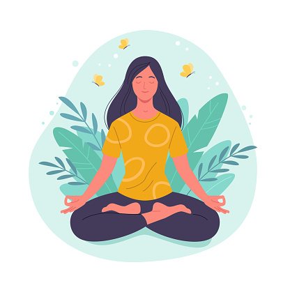 Vector illustration of cartoon young brunette woman in yellow t-shirt sitting in yoga lotus position surrounded by plant leaves