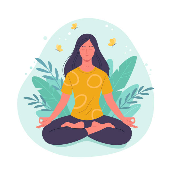 Meditating woman. Vector illustration of cartoon young brunette woman in yellow t-shirt sitting in yoga lotus position surrounded by plant leaves meditation illustration stock illustrations