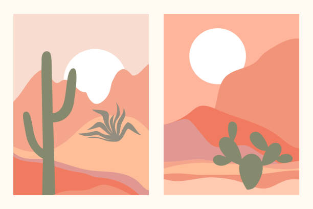 bildbanksillustrationer, clip art samt tecknat material och ikoner med abstrakta samtida estetiska bakgrunder som med sydvästra landskap, öken, berg, kaktusar. jordfärger, terrakottafärger. boho väggdekor. mitten av århundradet modern minimalistisk konst tryck. - desert cactus