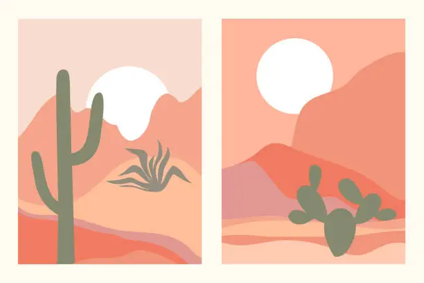 Vector illustration of Abstract contemporary aesthetic backgrounds set with southwestern landscape, desert, mountains, cactuses. Earth tones, terracotta colors. Boho wall decor. Mid century modern minimalist art print.