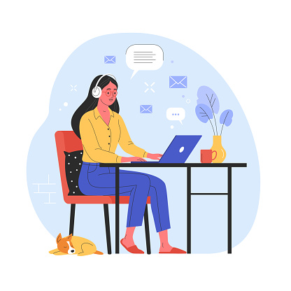Vector illustration in trendy flat style of a young pretty woman sitting on a red chair in her apartment and working on a laptop at the desk. Isolated on background