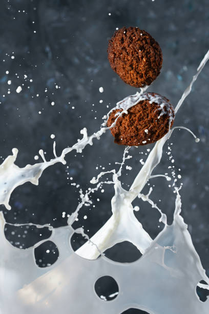 istock Oatmeal cookies with milk splashes on gray background. levitation. 1297295850