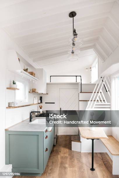 Vertical Photo Of Tiny House Interior Decor Stock Photo - Download Image Now - Tiny House, Indoors, Vehicle Interior