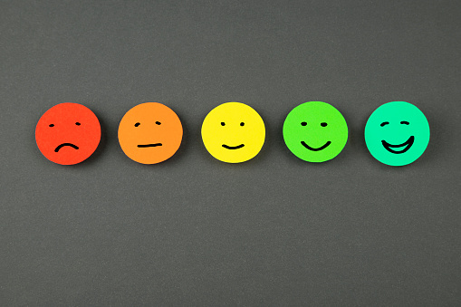 Finger rating with happy, neutral or sad face icons by pressing green button on virtual interface. Customer satisfaction service quality online evaluation and survey. Modern abstract feedback concept.