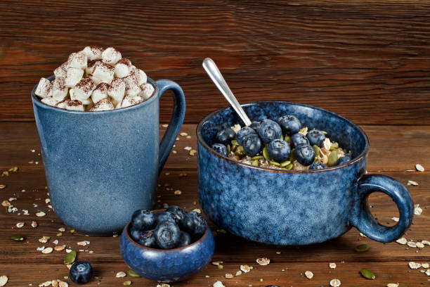 Oatmeal porridge with blueberries and cocoa drink with marshmallows