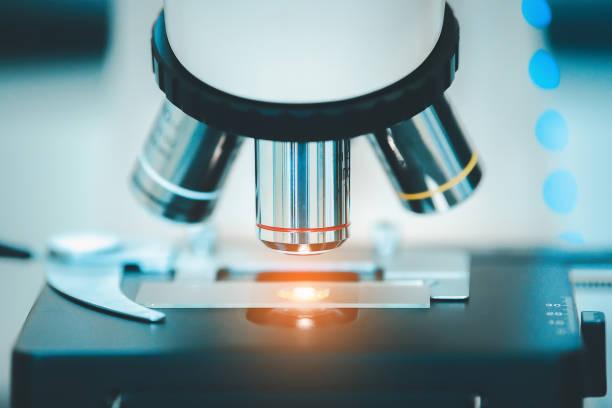istock Close up of microscope with test sample in medical research lab or science laboratory. 1297304860