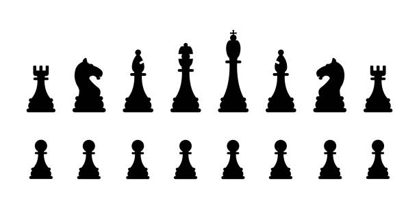 흰색에 고립 된 체스멘 컬렉션. 검은 체스 그림. 벡터 집합 - black hobbies chess knight chess stock illustrations