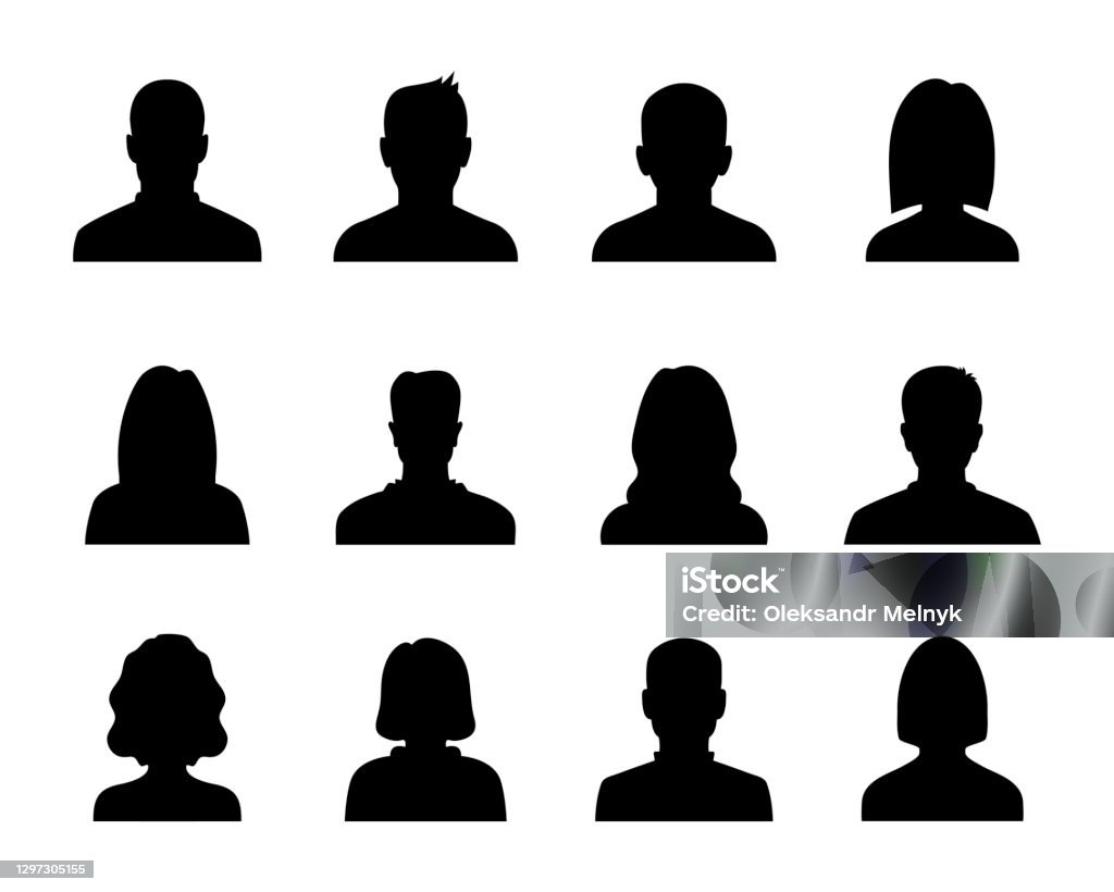 Anonymous black avatars collection. Set of male and female silhouettes. User profile icon In Silhouette stock vector