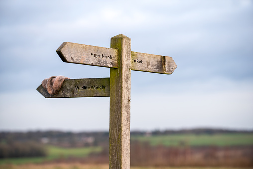 Wooden signpost outside on a public footpath through countryside with a lost item of clothing