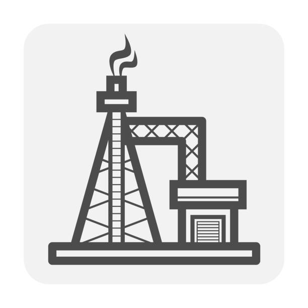 가스 플레어, 플레어 스택 및 건물 벡터 아이콘 디자인. - oil rig oil gas flare stack stock illustrations