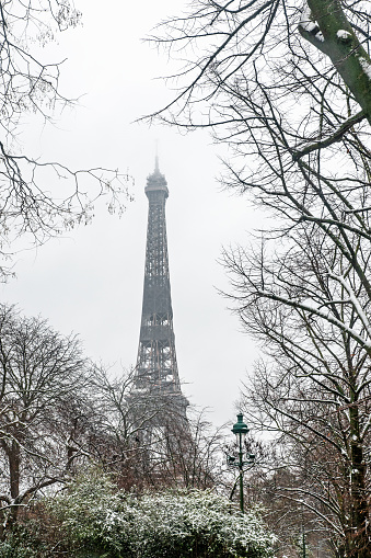 View to the Eiffel Tower with snow, through the trees. Unusual weather conditions in Paris