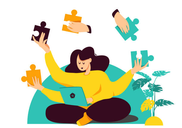 Woman works on a computer and solves other problems, hands over pieces of a puzzle to other hands - delegation of tasks, teamwork, a team project. Effective management vector concept. Woman works on a computer and solves other problems, hands over pieces of a puzzle to other hands - delegation of tasks, teamwork, a team project. delegating stock illustrations