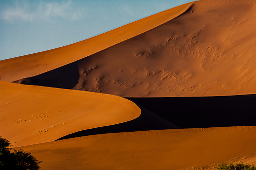 Sossusvlei Dune Area, Namib-Naukluft National Park, Namibia. The Namib Desert is a desert in Namibia and southwest Angola which forms part of the Namib-Naukluft National Park, Africa's second largest. Contours and ripples in the brown sand.