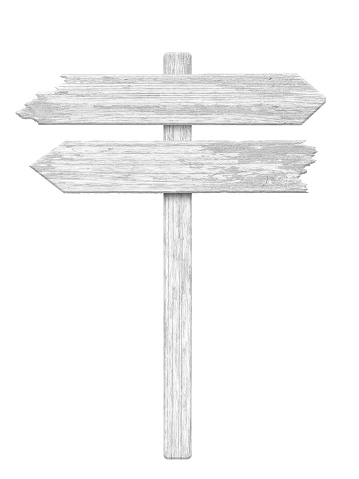White wood arrow signpost isolated on white background. Object with clipping path.