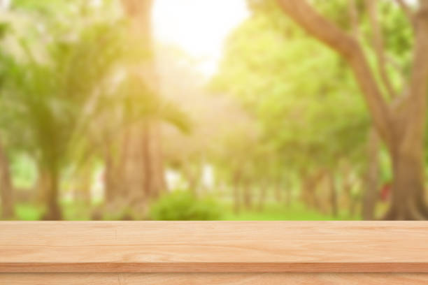 istock Empty wood table top over blur green nature background for product display or montage. 1297318980